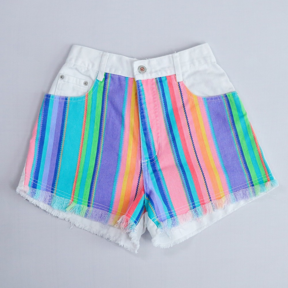 Vintage‎ 90s Steel Jeans Denim Shorts Womens 7 White Rainbow Stripe Fringe USA